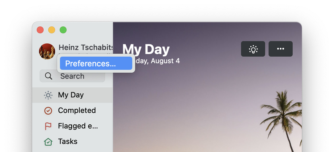 Select “Preferences” from the account context menu in Microsoft To Do for Mac