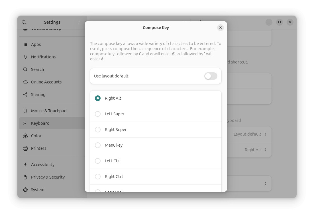 Set the “Compose” key using Gnome Linux