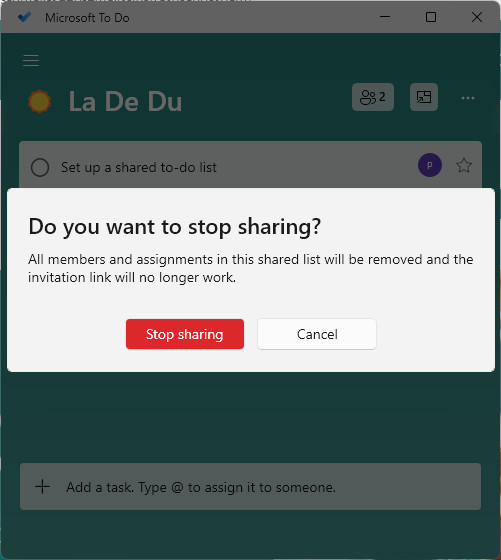Stop sharing a list in Microsoft To Do