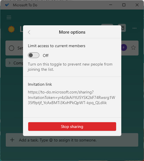 Turn on “Limit access to current members” in MS To Do after all members have joined