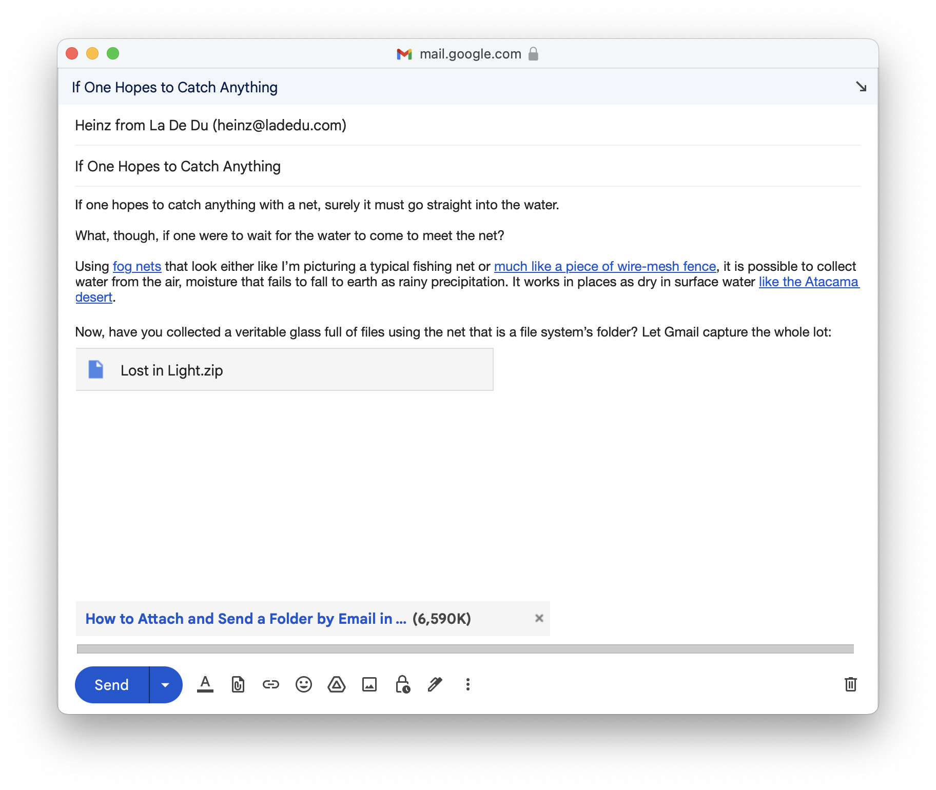 An email with a ZIP file attachment and a ZIP file included using Google Drive