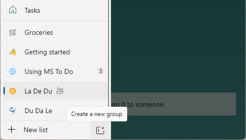 Click “Create a new group” to start organizing lists in Microsoft To Do