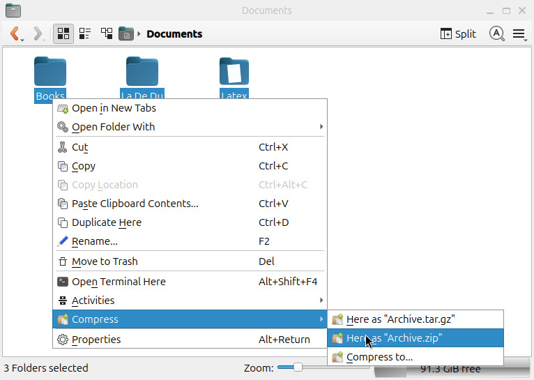 Compress folders into a ZIP file using KDE Dolphin