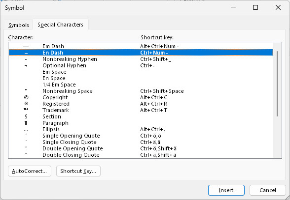 Double-click “En Dash” to insert the character using Word symbol dialog