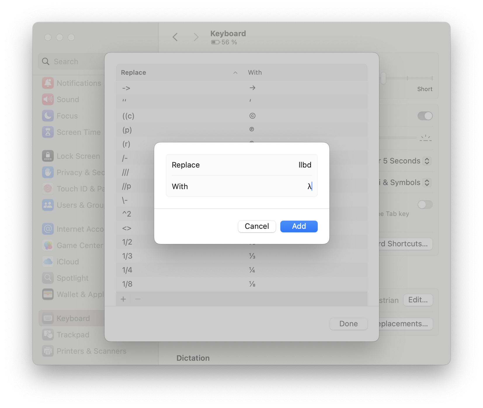 Set up a character combination for entering lambda with text replacement on a Mac