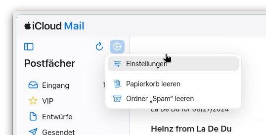 Wählen Sie „Einstellungen“ in iCloud Mail auf iCloud.com