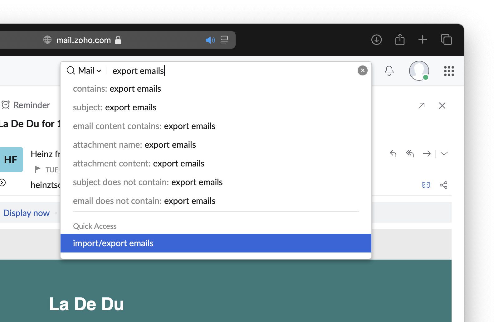 A shortcut to the Zoho Mail exporting tool