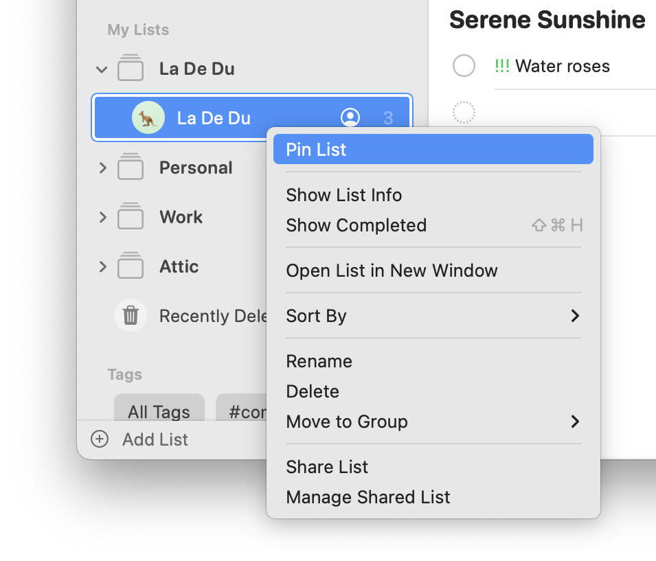 Adding a list to favorites in Apple Reminders for Mac