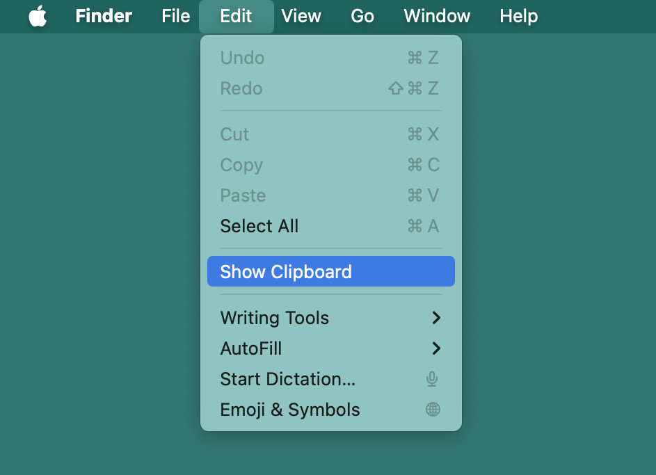 Choose “Edit | Show Clipboard” in Finder to view the Mac system clipboard contents