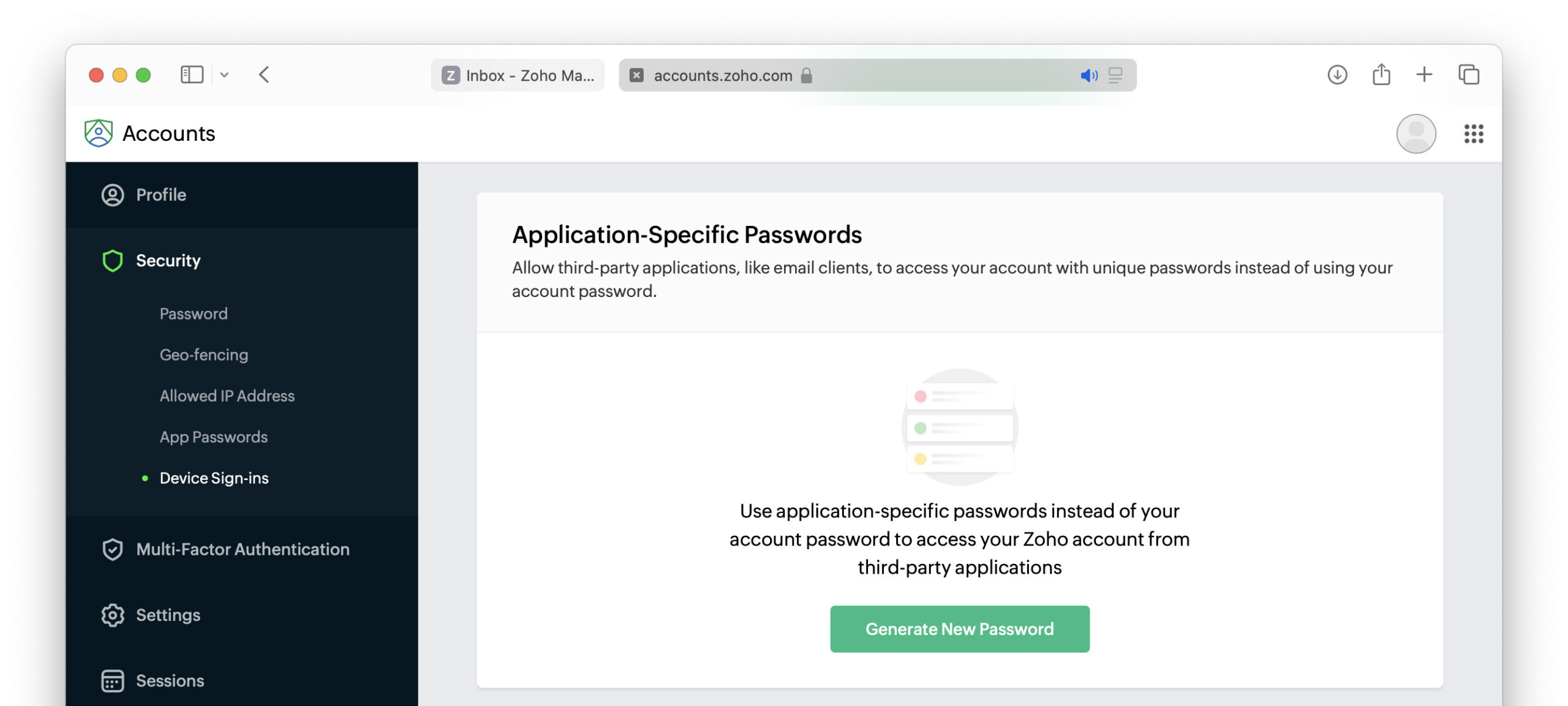 Click “Generate New Password” to add an application-specific password in Zoho Mail