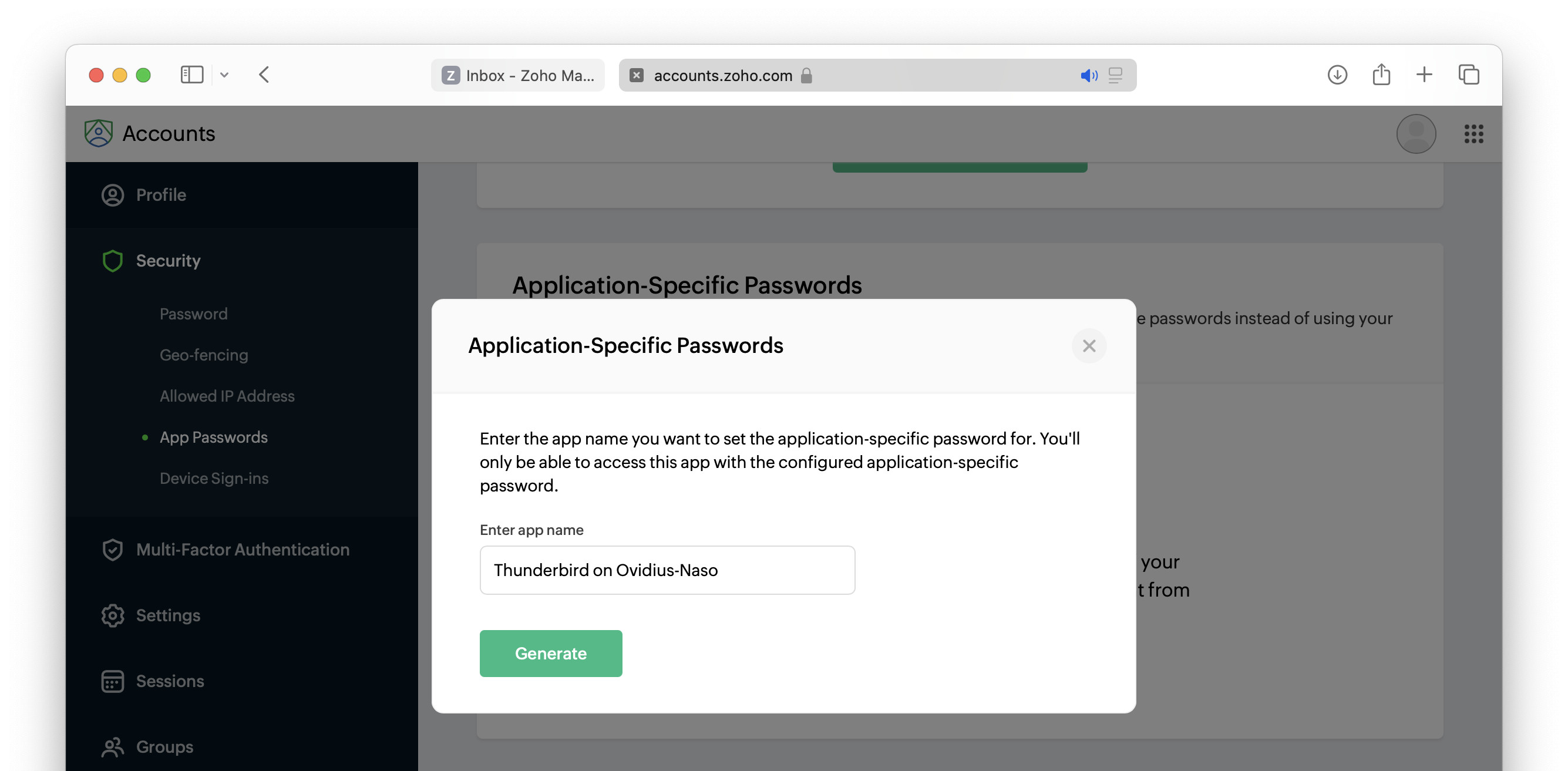 Click “Generate” to have Zoho Mail generate an app password