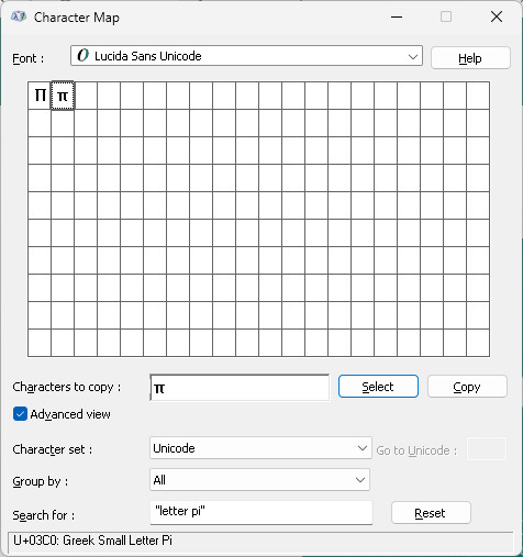Copying the pi symbol in Windows Character Map for pasting