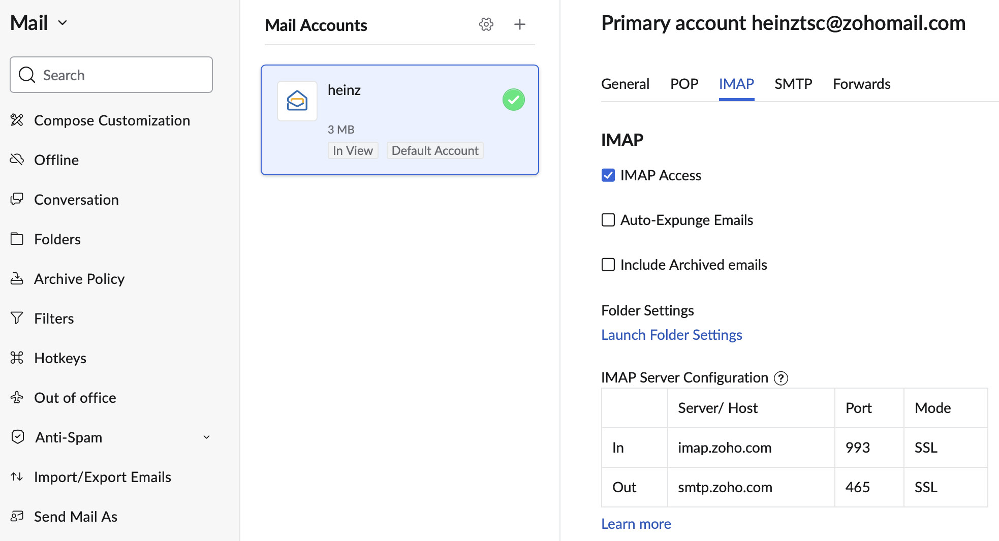 Enable IMAP access for a Zoho Mail account