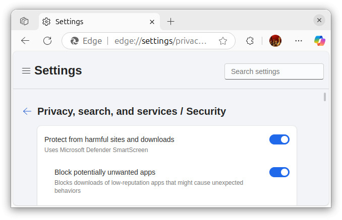 Enable Microsoft Defender SmartScreen for protection from dangerous websites in Edge browser