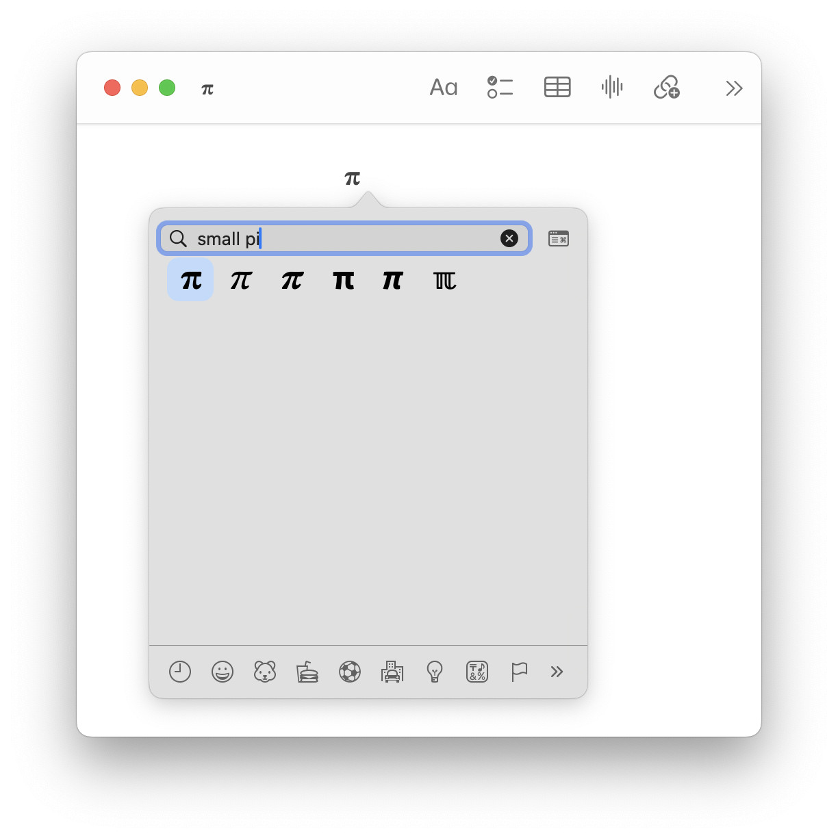 Inserting a mathematical symbol pi using the macOS emoji panel on a Mac