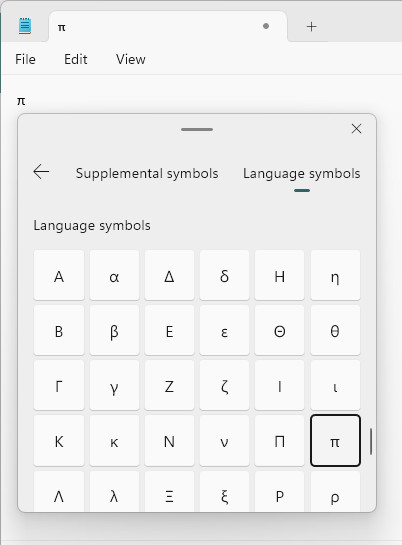 Inserting the symbol for pi (π) using the Windows emoji panel