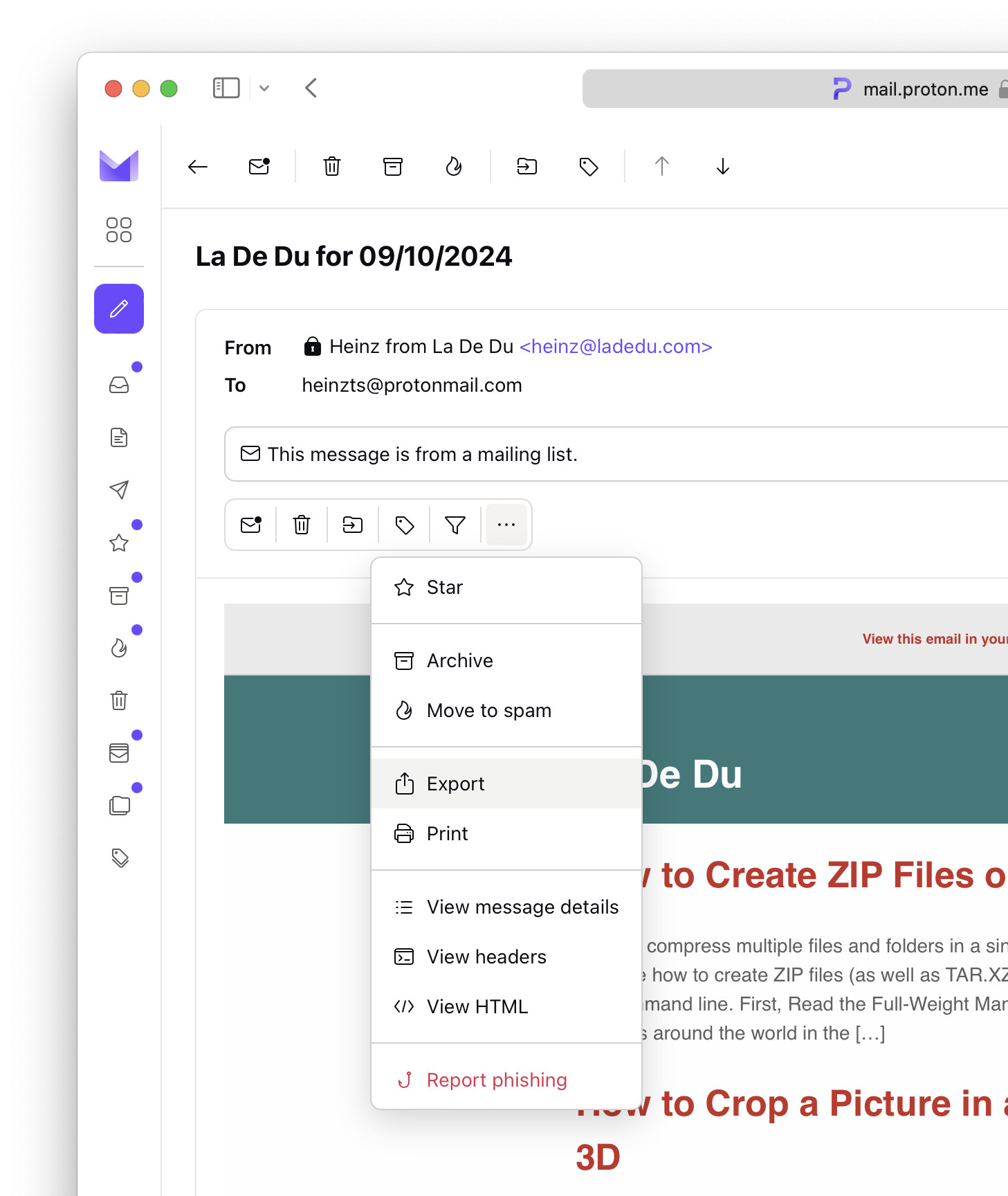 Select “Export” to download a decrypted copy of an email from Proton Mail