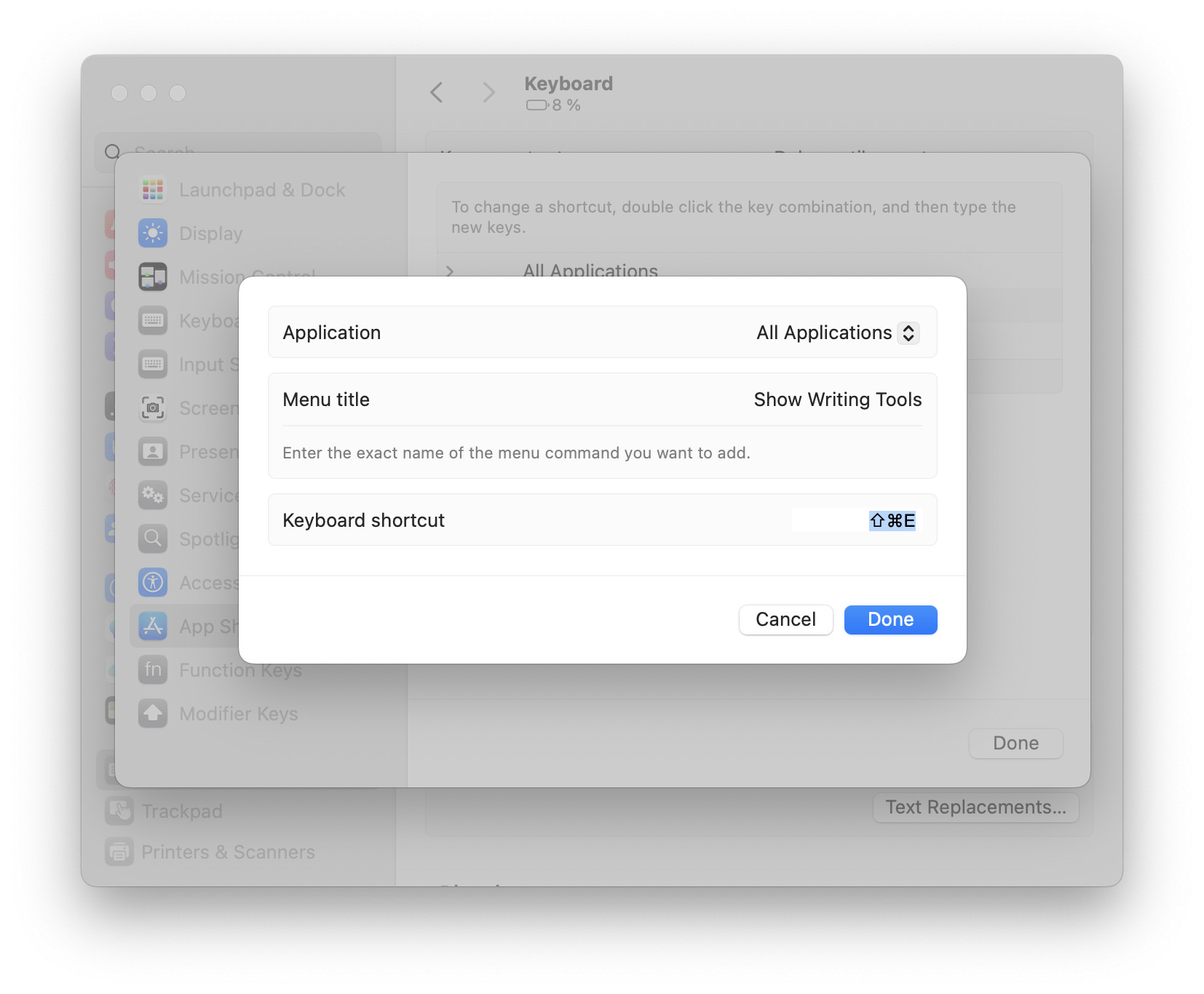 Setting up a keyboard shortcut to show Apple Intelligence writing tools on a Mac