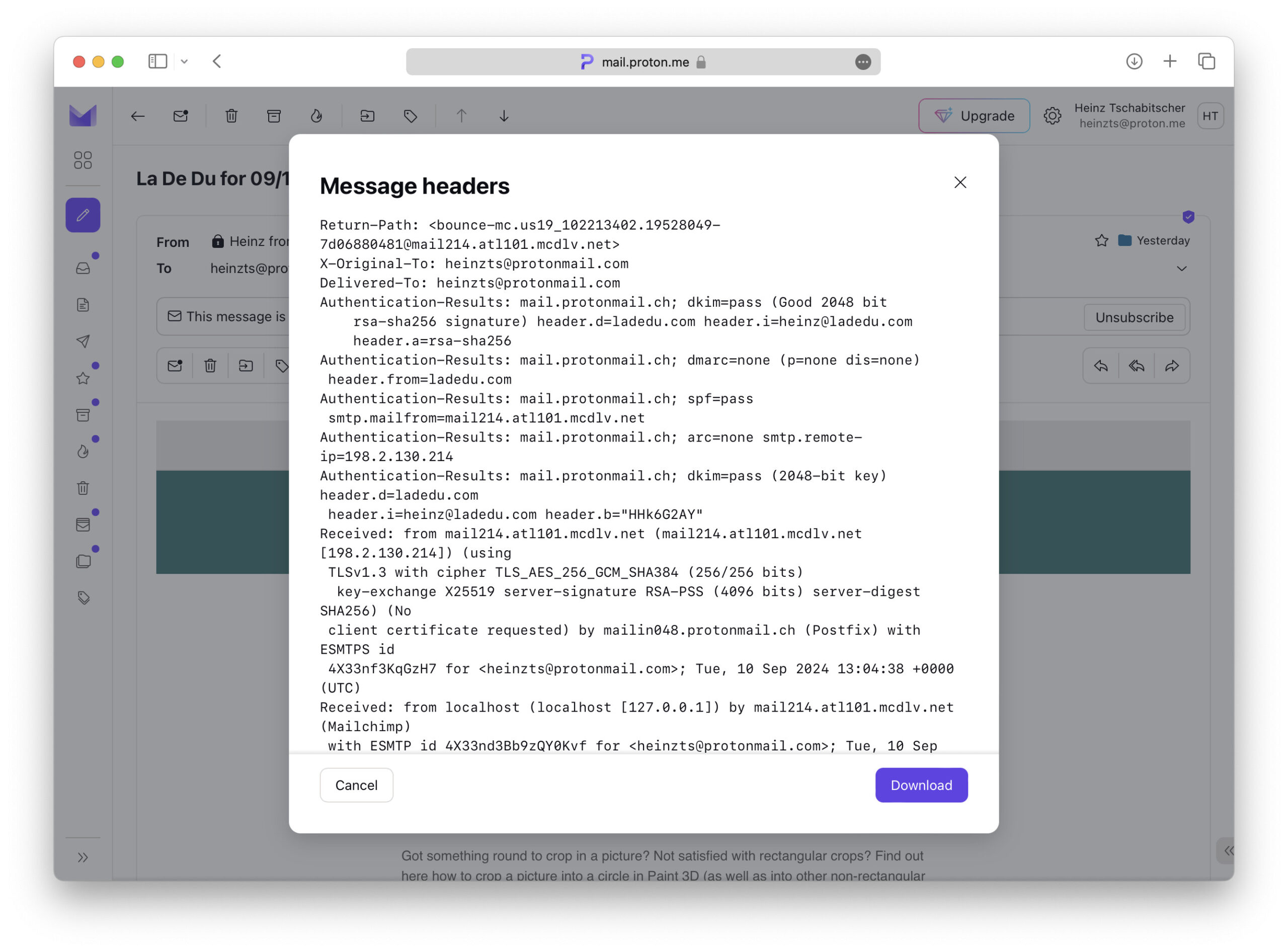 Use “View headers” to export the encrypted version of an email from Proton Mail