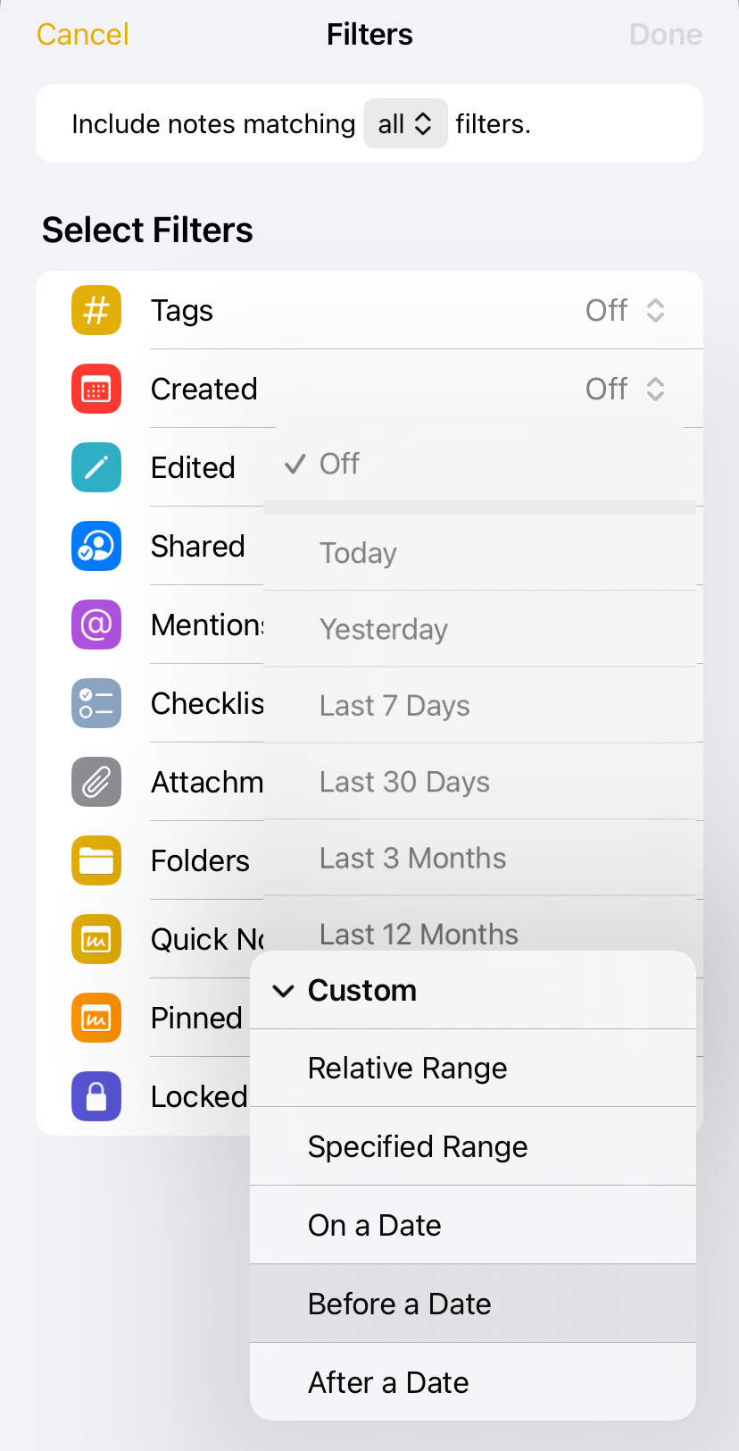 Choose “Before a Date” to set up a smart folder that collects notes not edited in a while in Apple Notes for iOS