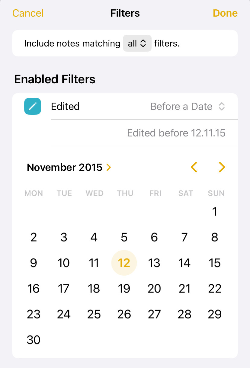Choose a date for your “Old Notes” Smart Folder in Apple Notes for iOS