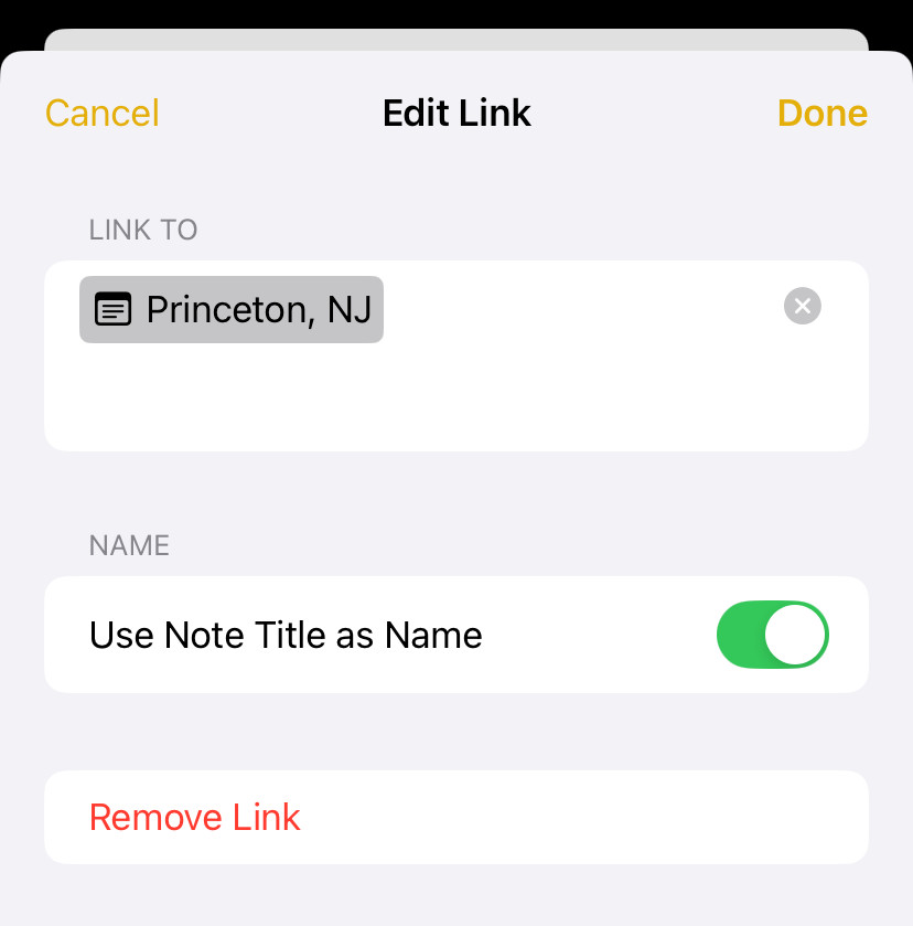Editing the link to another note in Apple Notes for iPhone
