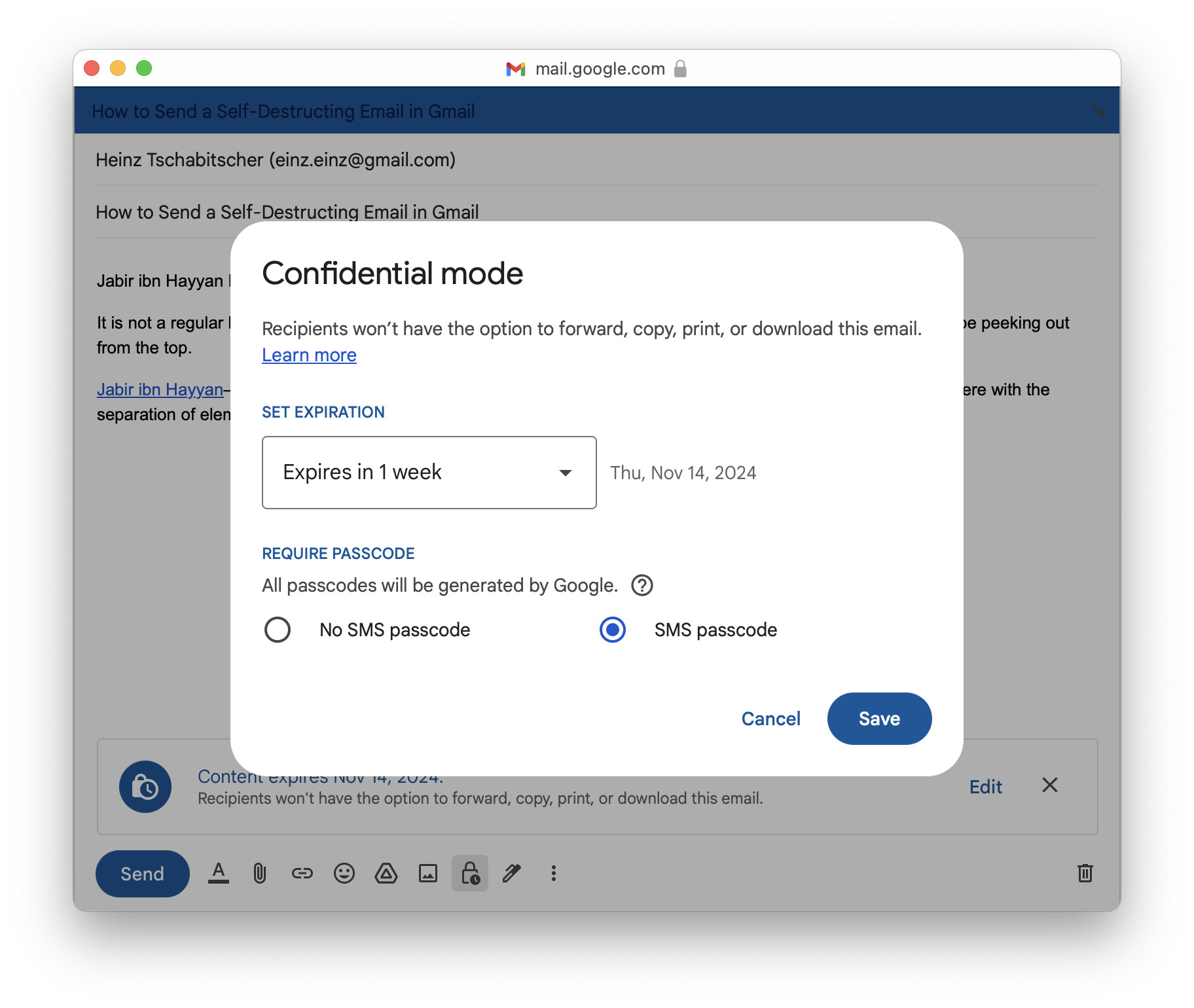 Enabling confidential mode in Gmail for self-destructing email