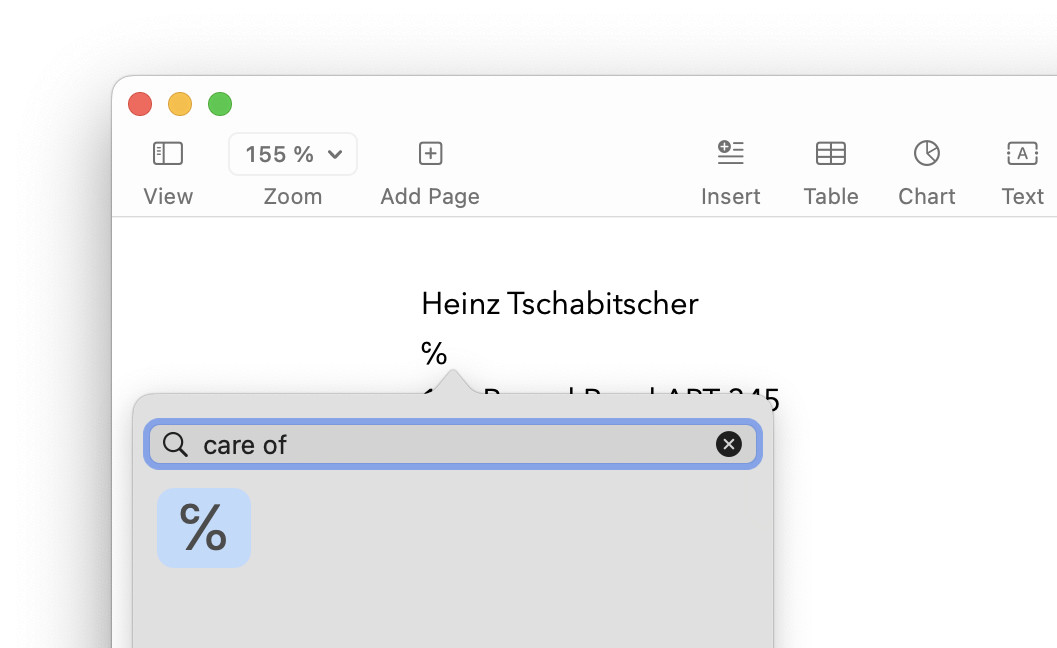 Inserting the symbol for c/o (℅) on a Mac using the emoji picker
