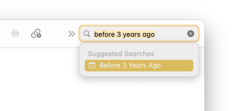 Select “Before…” from auto-completion to find old notes in Apple Notes