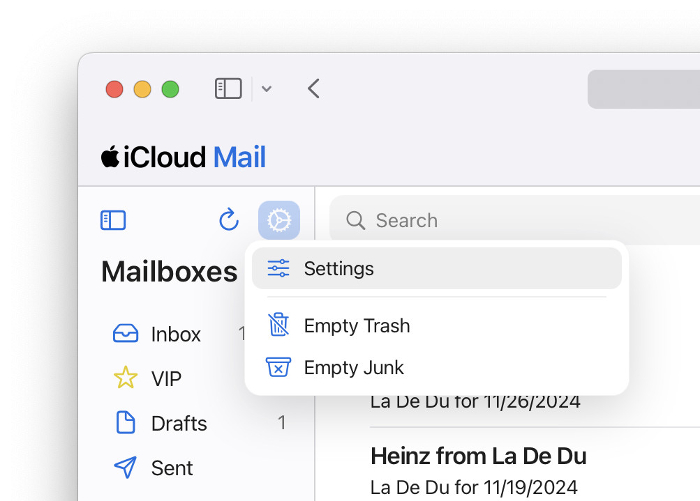 Select “Settings” in iCloud Mail