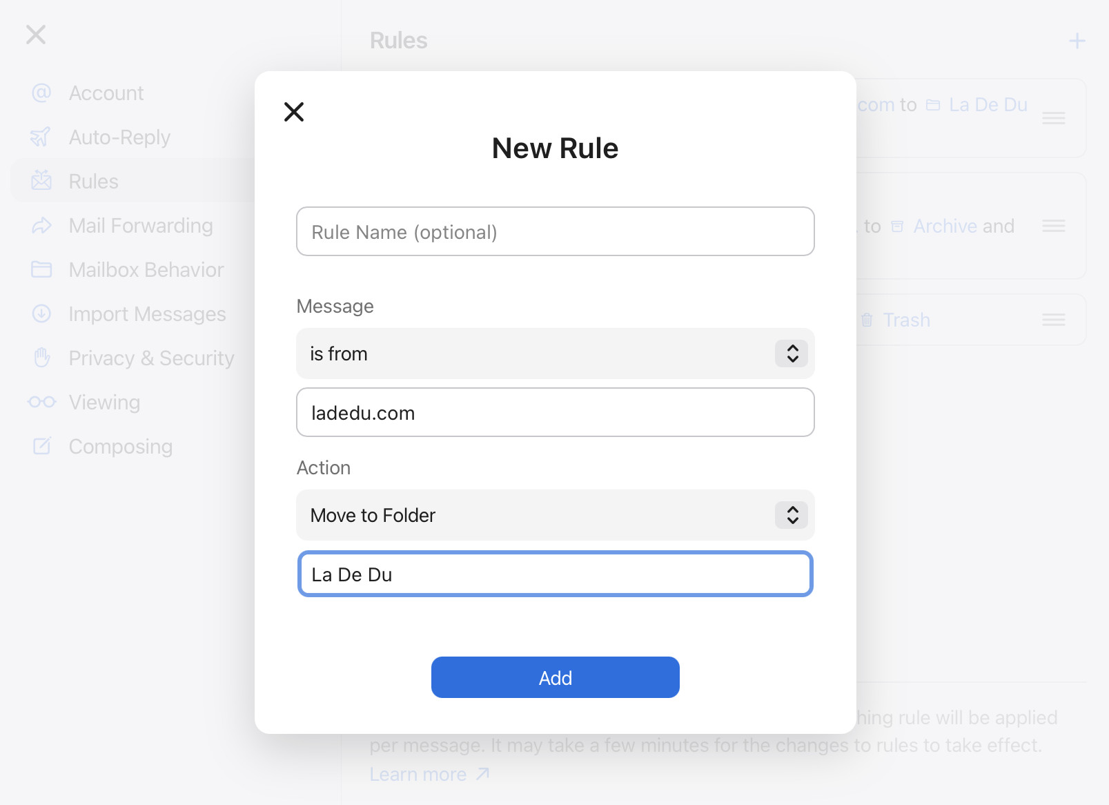 Setting up a new rule to move email automatically in iCloud Mail