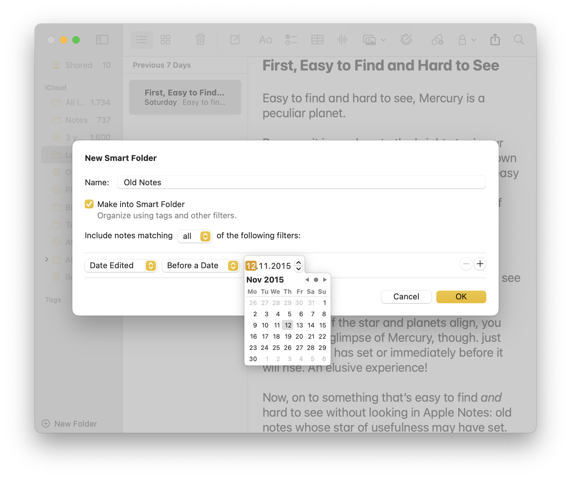 Setting up an “old notes” Smart Folder in Apple Notes for Mac
