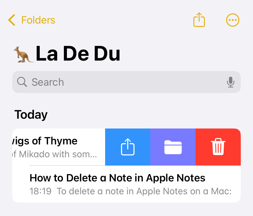 Swiping to delete in Apple Notes on an iPhone
