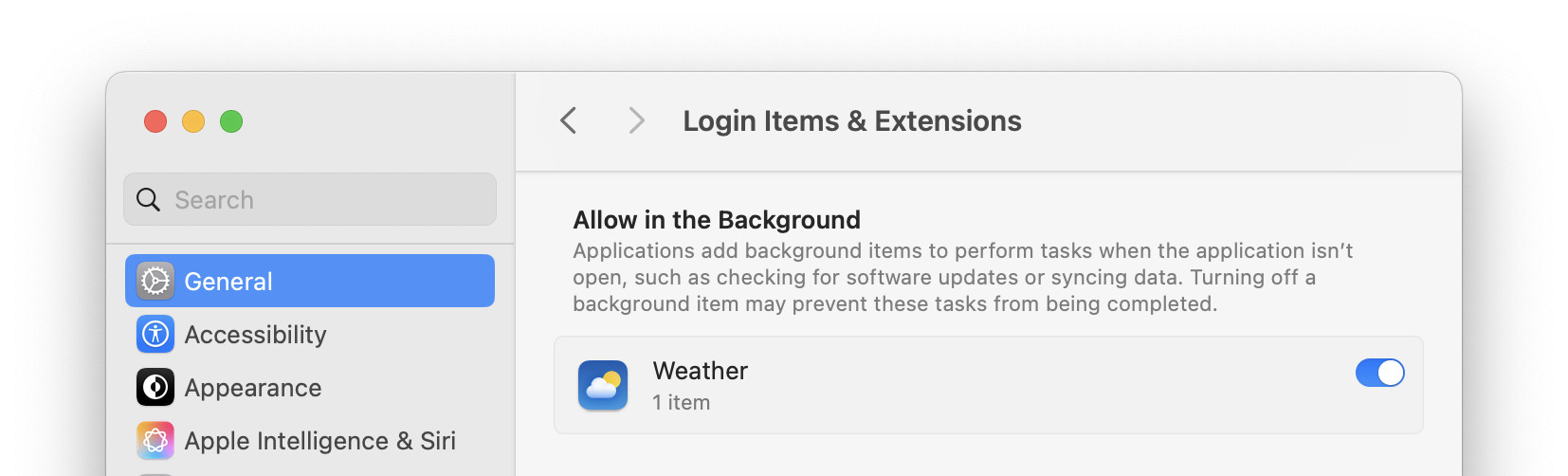 Allow Weather to run in the background to enable menu bar weather display on macOS
