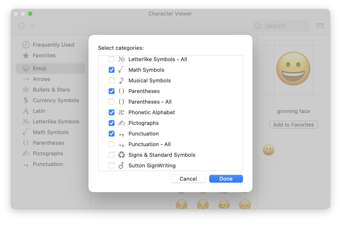 Check all categories you want to see in Mac Character Viewer and click “Done”