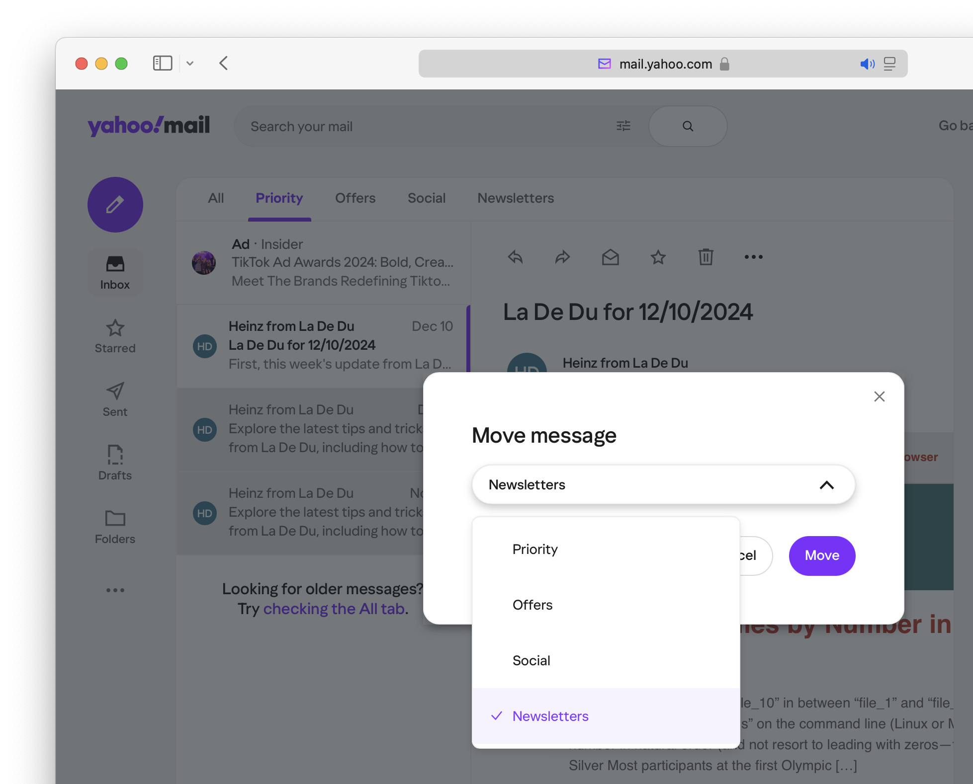 Choose the desired inbox tab and click “Move”