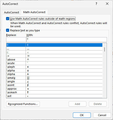 Enabling math text replacement outside math regions