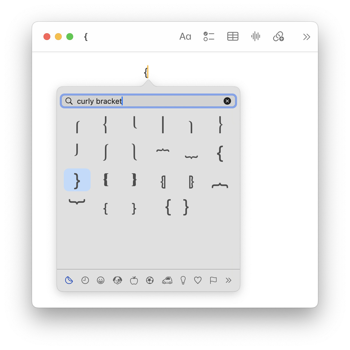 Insert curly brackets using the Mac emoji panel