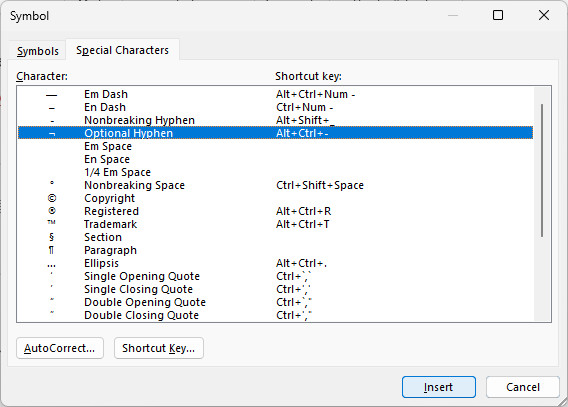 Inserting an optional hyphen (zero-width breaking space) in Word for Windows
