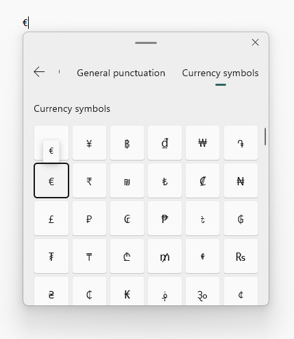 Inserting the Euro symbol using the Windows emoji panel