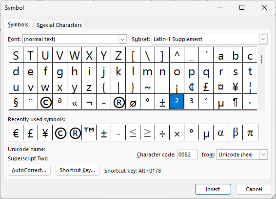 Inserting the symbol for “squared” using the Word “Symbol” dialog