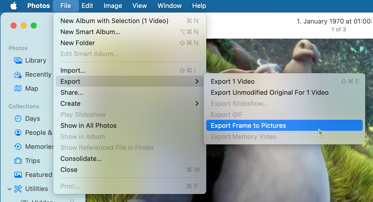 Select “Export Frame to Pictures” to save the still image from the movie in the Photos app