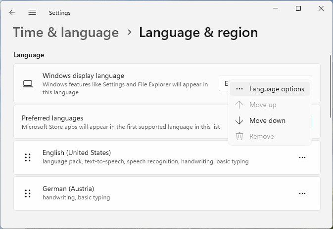 Select “Language options” to add a keyboard layout to Windows