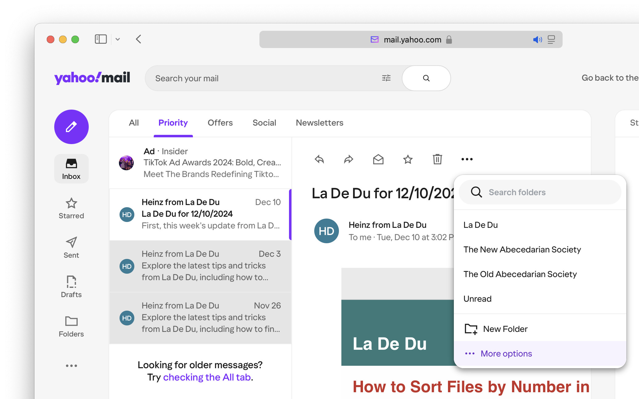Select “More options” to reclassify an email in the Yahoo Mail priority inbox