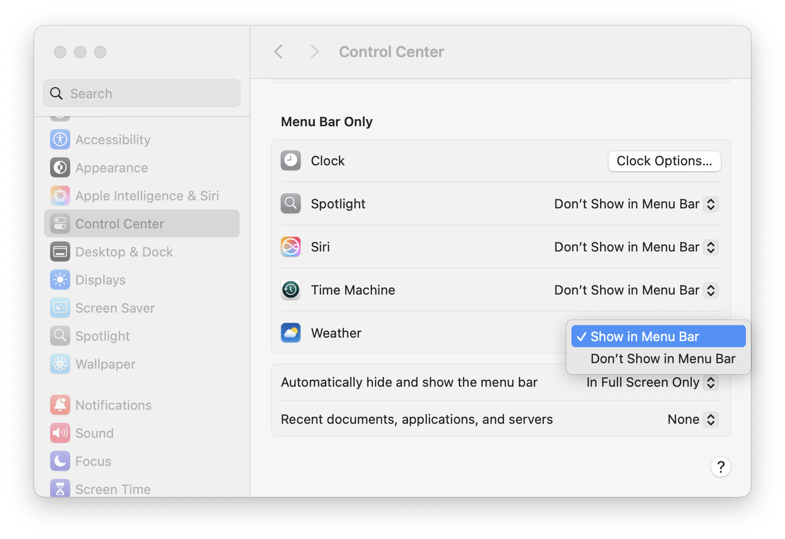 Select “Show in Menu Bar” to see Weather in the macOS menu bar