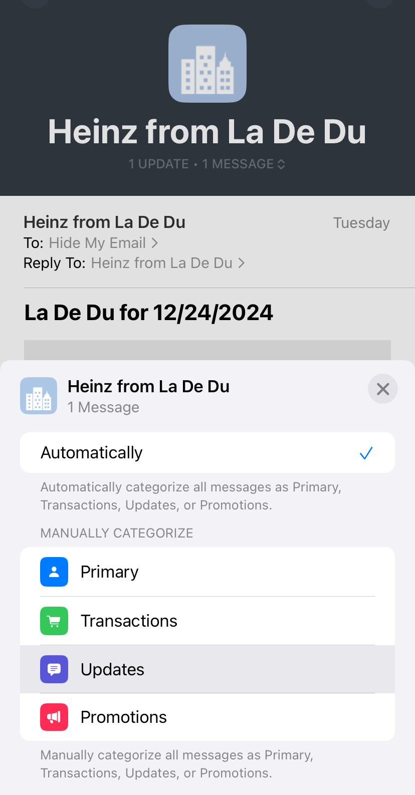 Choose the inbox category you want iPhone Mail to use for the sender’s emails