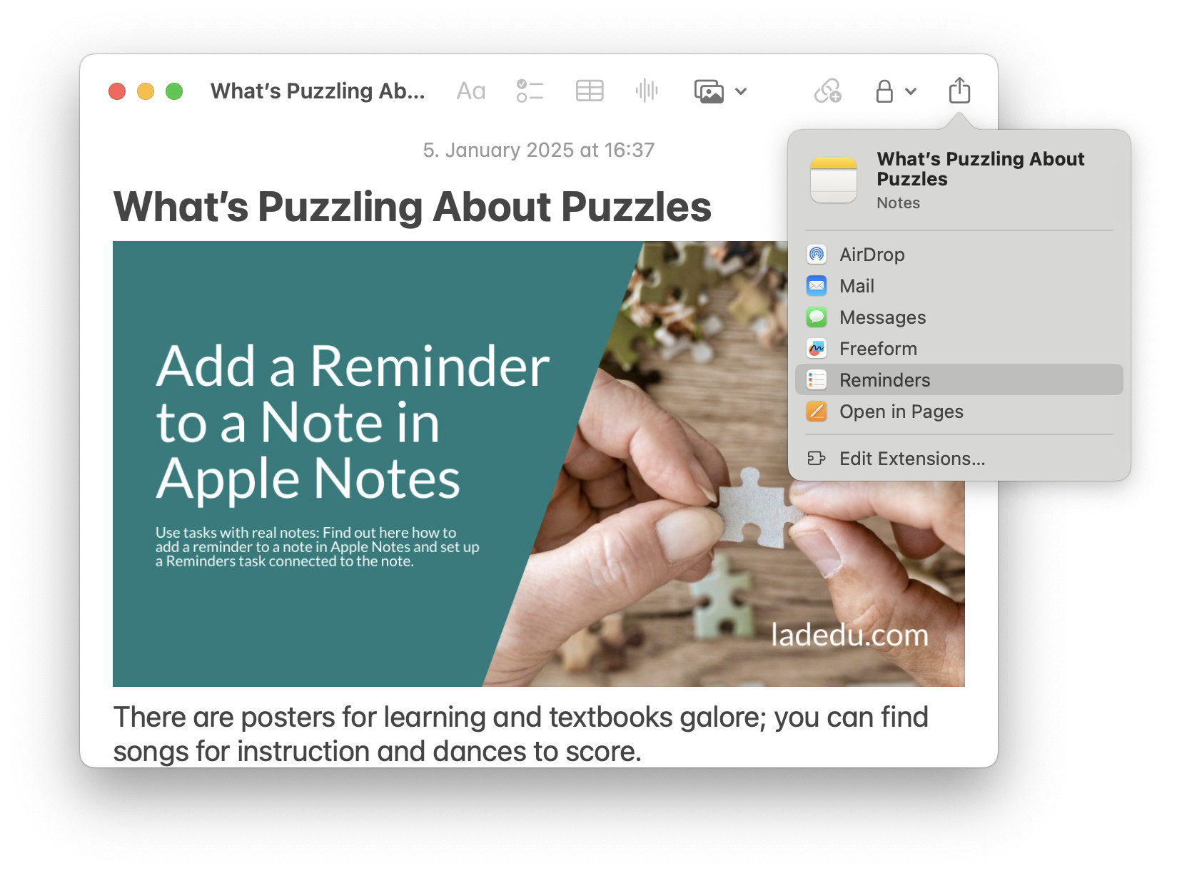 Select “Reminders” in the sharing menu for the Apple notes note