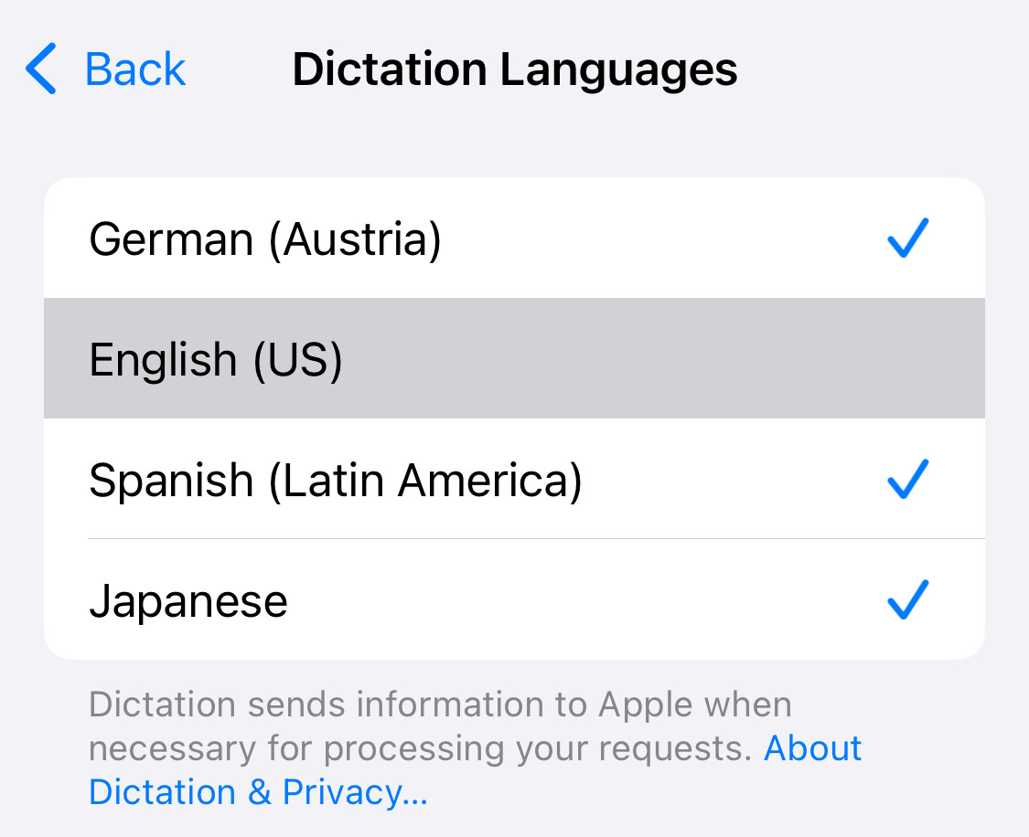 Enabling dictation for a language on iPhone