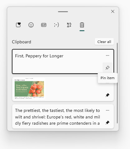 Pinning an item to permanently saved text snippets in Windows 11