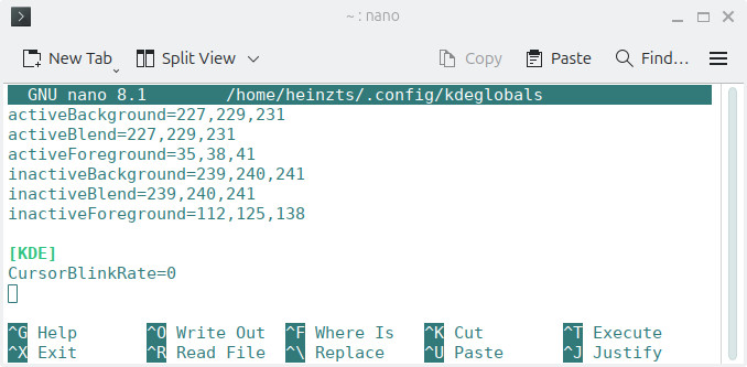 Add “CursorBlinkRate” to the KDE Linux configuration to disable cursor blinking
